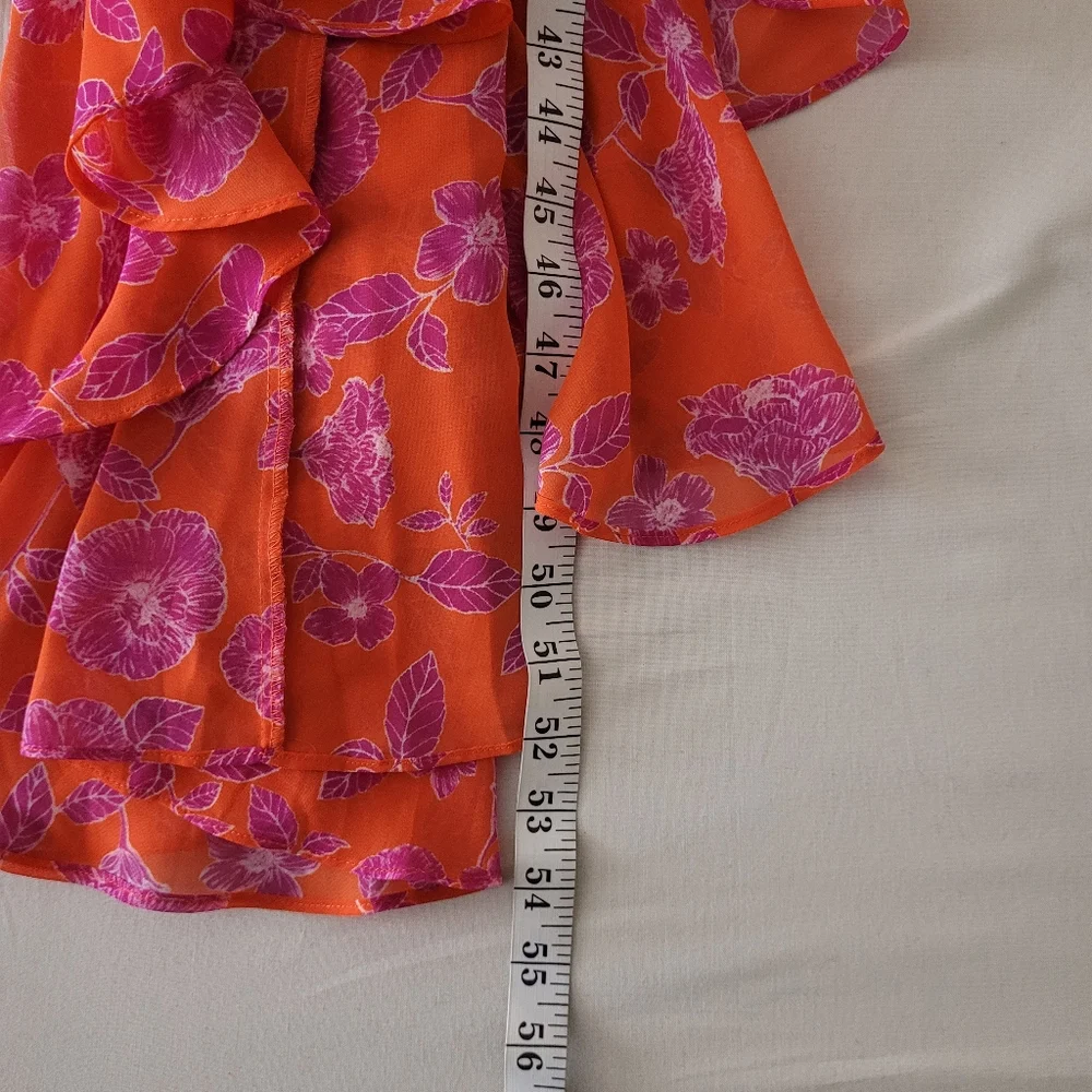 Eliza J Med Orange Floral Asymmetrical Midi Strappy Dress Smocked Tie Flowy - Picture 10 of 10